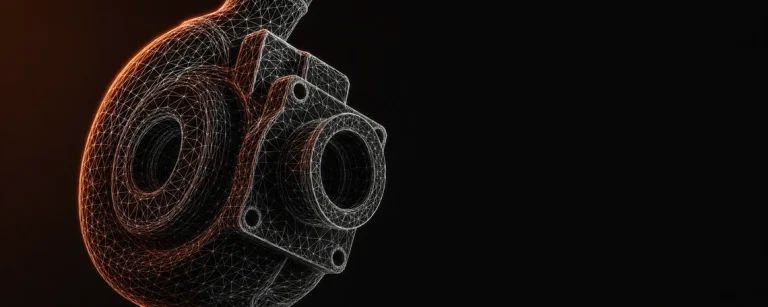 Wireframe mesh 3D modela prikazan na tamnoj pozadini sa narandžastim akcentom svetlosti