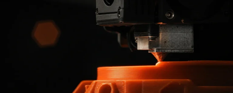 FDM 3D štampač polaže rastopljeni narandžasti filament sloj po sloj tokom FDM 3D štampanja