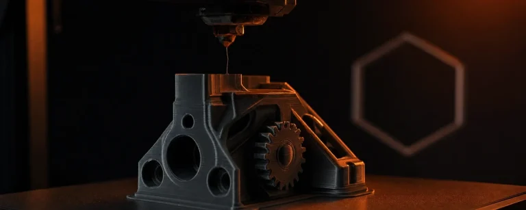 3D odštampan mehanički deo na tamnoj pozadini sa narandžastim akcentom svetlosti, ilustracija formata fajla za 3D štampu