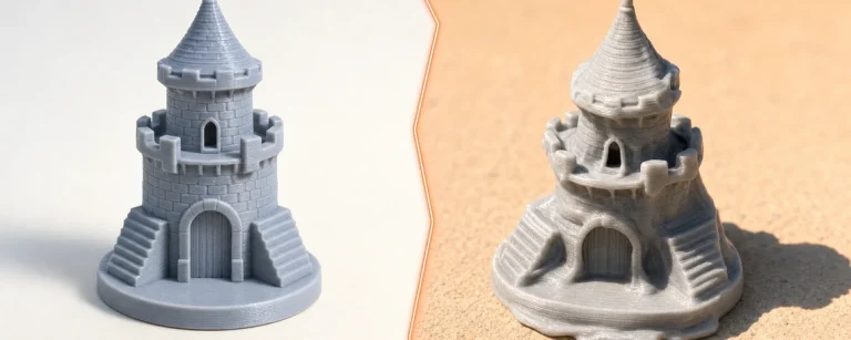 Split prikaz PLA 3D štampanog predmeta, uredan unutra i iskrivljen na suncu napolju, ilustracija kada koristiti PLA filament