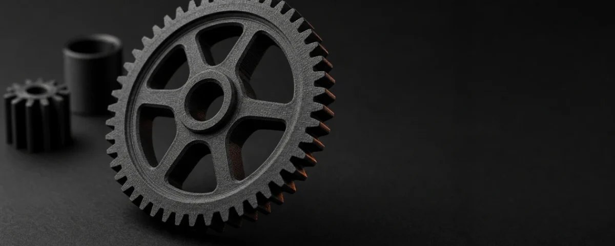 Mat crni 3D štampani zupčanik od Carbon Fiber Najlon PA11 filamenta na tamnoj podlozi