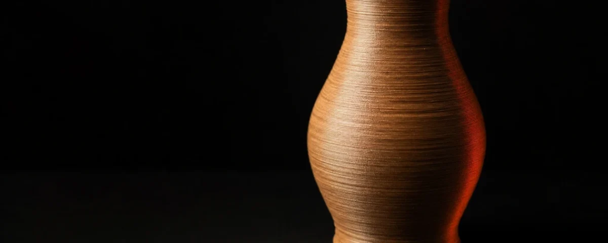 Drveni PLA filament 3D odštampana vaza sa teksturom nalik pravom drvetu na tamnoj podlozi