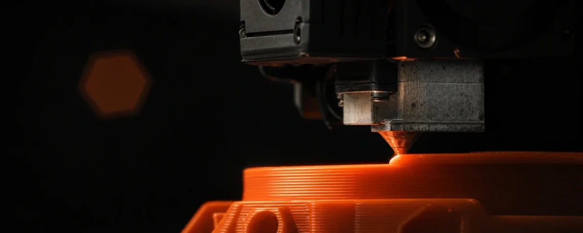 FDM 3D štampač polaže rastopljeni narandžasti filament sloj po sloj tokom FDM 3D štampanja