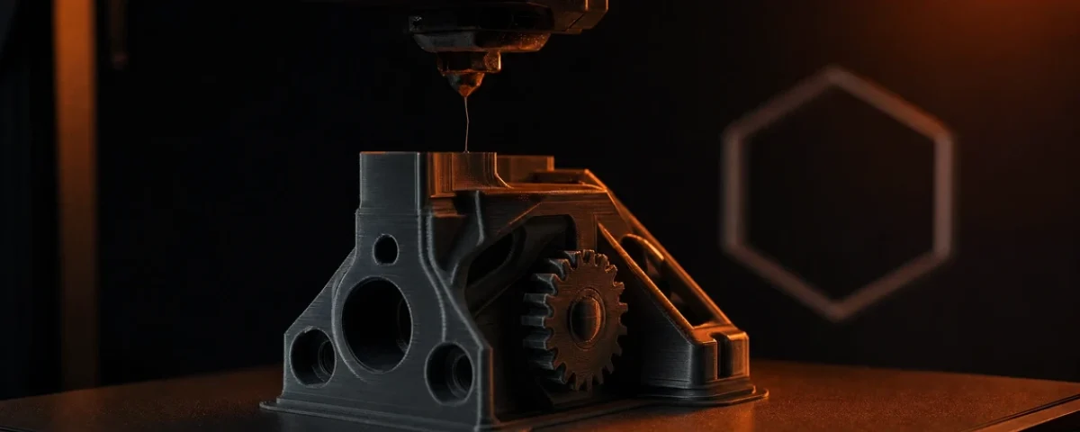 3D odštampan mehanički deo na tamnoj pozadini sa narandžastim akcentom svetlosti, ilustracija formata fajla za 3D štampu