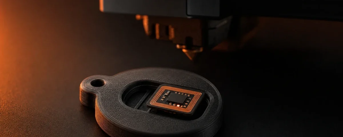 NFC čip ugrađen u 3D štampani privezak pored FDM štampača, detalj čipa u šupljini printa