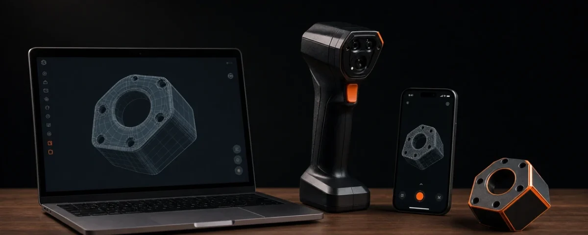 Laptop, 3D skener i pametni telefon na radnom stolu, načini da dođeš do 3D modela za štampanje