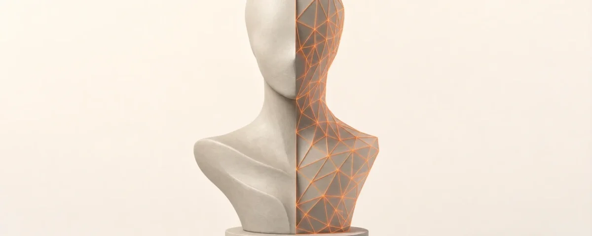 Skulptura čija se jedna polovina pretvara u narandžastu digitalnu mrežu, simbol organskog 3D modelovanja u Blenderu