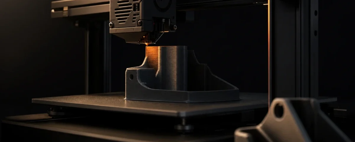 3D štampač usred štampe u tamnom studiju, prikaz procesa 3D štampanja od ideje do gotovog predmeta