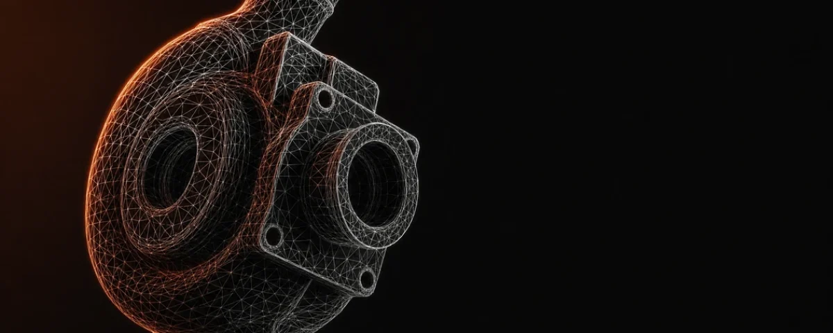 Wireframe mesh 3D modela prikazan na tamnoj pozadini sa narandžastim akcentom svetlosti