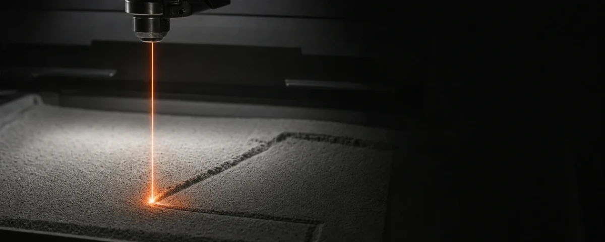 Laser sinteruje sloj praha tokom SLS 3D štampe u tamnoj radionici