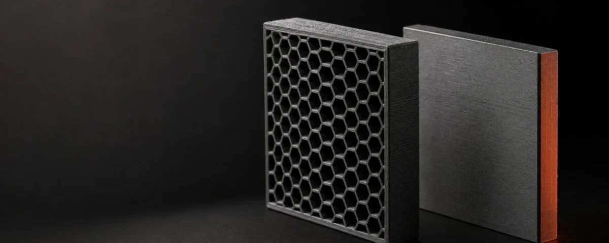 3D štampane zaštitne komponente od volfram PETG filamenta, metalik sive boje na tamnoj pozadini sa narandžastim akcentom